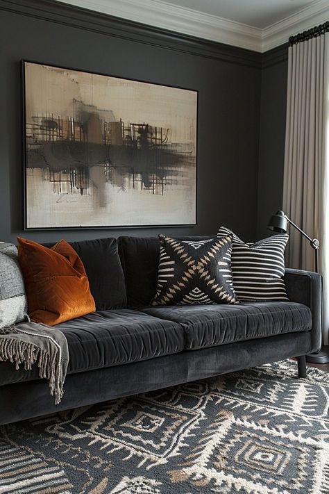 29 Dark Grey Couch Living Room Ideas for Sophisticated Style 21 Grey Couch Black Accents, Gray Velvet Sofa Living Room Ideas, Grey Couch Paint Color, Charcoal Couch Styling Color Schemes, Gray Cream Black Living Room, Dark Grey Sectional Living Room Decor, Rug For Dark Grey Couch, Living Room With Charcoal Couch, Charcoal Living Room Ideas