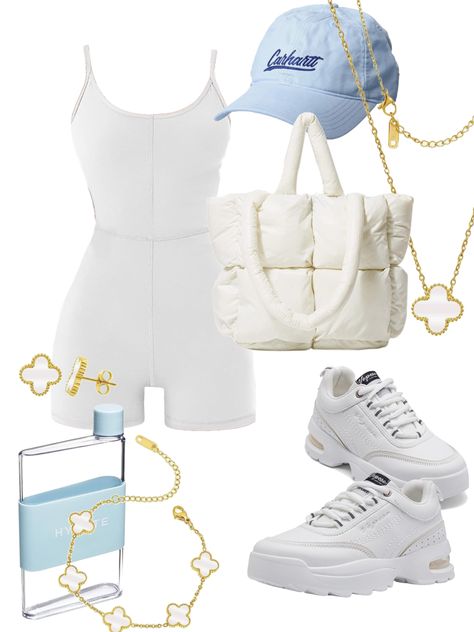 White cream spaghetti strap active fitted romper short jumpsuit with seams showing, skims and whitefox romper dupe, van cleef inspired white enamel clover necklace and bracelet and stud earring set with gold rims, light blue carhart womens baseball cap with cursive handwriting, white and tan fashion sneakers with 2 inch platform, cloud effect stitched pillow cream tote bag, transparent glass resin plastic reusable flask shaped recrangle shaped water bottle with light blue leather band Active Romper Outfit, Cream Spaghetti, Shorts Romper Outfit, Cloud Effect, Cream Tote Bag, Fitted Romper, Bag Transparent, Cursive Handwriting, Active Outfits