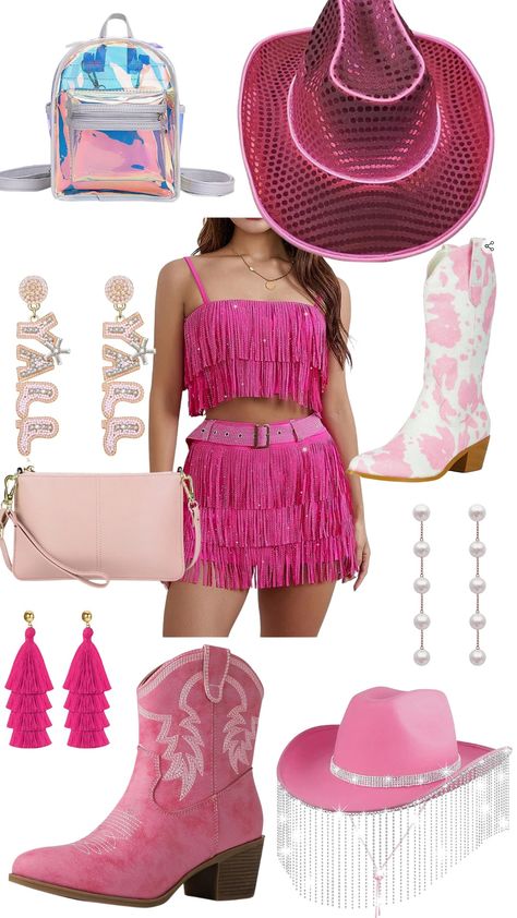 Barbie country girl outfit. Festival inspo. Amazon finds. Barbie Festival Outfit, Country Barbie Outfits, Barbie Cowboy Outfit, Neon Country Outfit, Neon Cowgirl Outfit, Pink Country Outfit, Cowgirl Outfits Pink, Cowgirl Barbie Outfit, Bichota Outfit