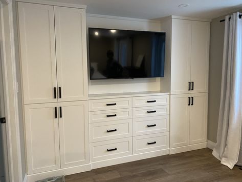 Dresser Cabinet Bedroom Built Ins, Bedroom Dresser Built Ins, Built In Wardrobe Tv In Middle, Bedroom Closet With Tv In The Middle, Built In Closet Wall With Tv, Tv In Closet Ideas Bedrooms, Built In Dresser In Bedroom, Bedroom White Furniture, Built In Bedroom