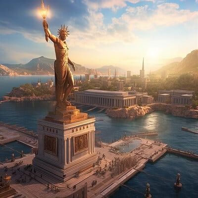 Aesthetica Colossus Of Rhodes, Greek Buildings, New York City Map, Pagan Gods, Mystical Places, Jungle Art, Dream Vacations Destinations, Building Art, Fantasy House