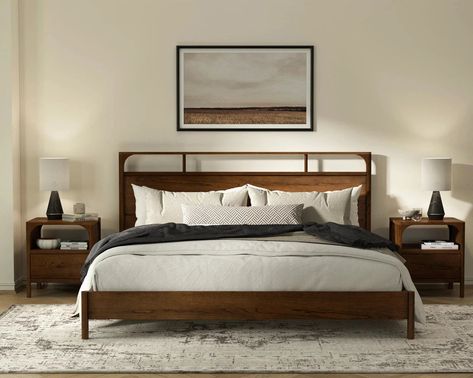 Dimensions: 85.1 W x 66.5 D x 45.1 H Weight: 143.3 lbs Leg Height: 4.90" Weight Capacity: 573.2 Lbs Platform Bed: Yes Adjustable: No Box Spring Required: No Materials: MDF, Oak, Pine, Plywood Color/Finish: Walnut Product Care: Wipe with a soft, dry cloth; avoid the use of harsh chemicals or abrasive cleaning materials. Avoid direct sunlight and heat to protect the finish. The Cali bed is crafted from solid oak wood and oak veneers. The wood is hand finished with a walnut stain, which adds a warm Dark Wood Bed, Walnut Bed, Oak Nightstand, Oak Beds, Affordable Modern Furniture, Beds & Bed Frames, Wood Nightstand, Wood Beds, Wooden Slats