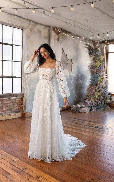 Graphic Lace Boho Wedding Dress with Square Neckline and Puff Sleeves - All Who Wander Wedding Dress With Square Neckline, Lace Boho Wedding Dress, Wedding Dreses, Dress With Square Neckline, Boho Wedding Gowns, All Who Wander, Boho Wedding Dress Lace, Wedding Dress Pictures, Wedding Dresses Photos