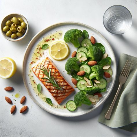 Indulge in a keto-friendly platter of succulent grilled Salmon with lemon-butter sauce, crunchy steamed broccoli with almond sprinkles, and a colorful fresh salad. Pair it with sparkling lemon water.

#KetoDiet #KetoMeal #HealthyEating #SalmonDish #GrilledSalad #LowCarbMeal Grilled Salad, Lemon Butter Sauce, Fresh Salad, Salmon Dishes, Steamed Broccoli, Lemon Butter, Grilled Salmon, Butter Sauce, Lemon Water