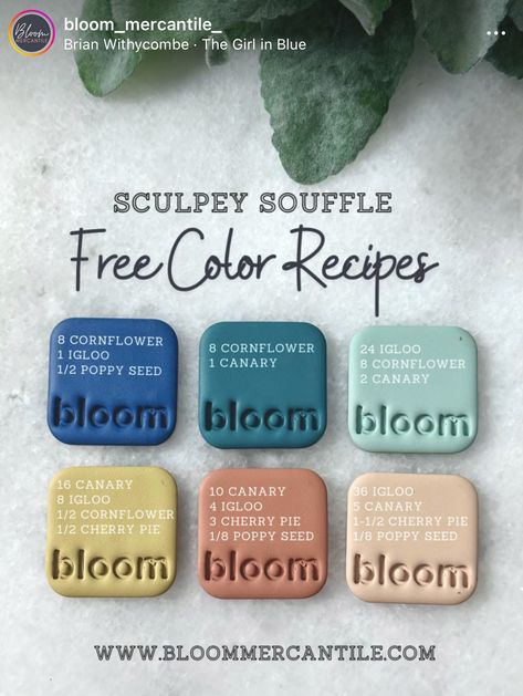 Polymer Clay Recipe Color, Sage Polymer Clay Recipe, Sculpey Premo Color Mixing, Sculpey Souffle Color Recipes Free, Polymer Clay Color Palette, Sculpey Souffle Color Recipes, Premo Color Recipes, Blue Polymer Clay Recipe, Sculpey Color Recipes