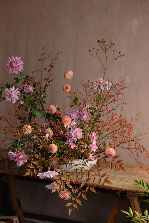 January Floral Arrangements, Dried Flower Installation, Fall Wedding Floral Arrangements, Autumn Flower Arrangements, Wild Flower Arrangements, Winter Flower Arrangements, Beauty Bush, Floral Vases, Vibrant Bouquet