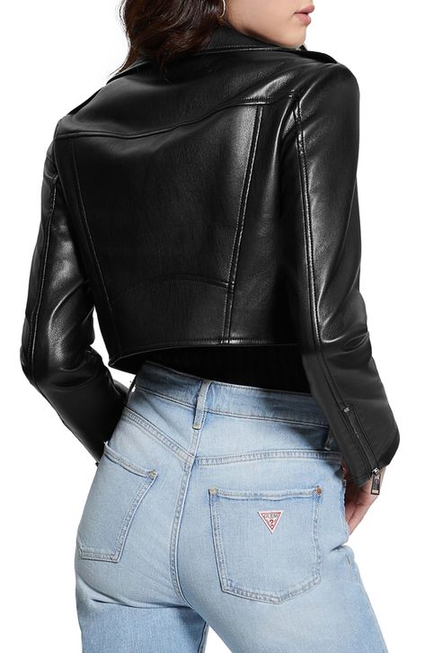 Bring a bit of edge to any look with this cropped faux-leather jacket complete with all the classic hardware for authentic moto style. Asymmetric neck Notched lapels Zip cuffs Hidden side-zip pockets Lined 100% polyurethane Hand wash, line dry Imported Crop Moto Jacket, Cropped Faux Leather Jacket, Cropped Moto Jacket, Cropped Leather Jacket, Moto Style, Leather Jacket Black, Black Leather Jacket, Faux Leather Jackets, Moto Jacket