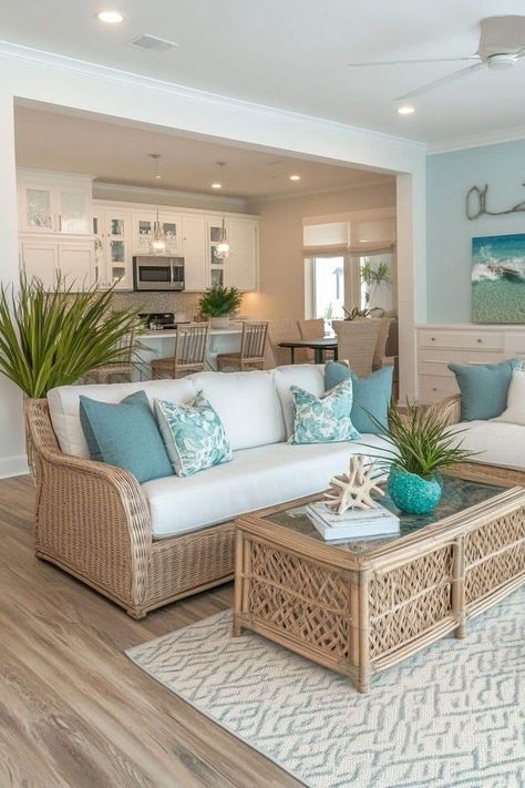 Beachy Coastal Living Room, Living Room Decor Beach Coastal Style, Neutral Tones Home Decor, Beach House Aesthetic Living Room, Beach Style Apartment, California Living Room Style, Cool Tone Interior Design, Cozy Coastal Home, Industrial Outdoor Kitchen