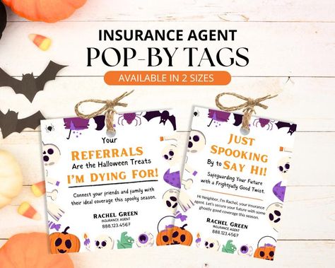 Say 'Boo Neighbor!' and showcase market statistics, a seller guide, or a buyer guide. Perfect for realtor farming and listing presentations. Reach out with a spooky 'Hello Halloween' card and cast a lasting spell! WHAT's INCLUDED? -1 PDF Canva Beginners Tutorial -Halloween Insurance pop by tags Design Template Size (3.5" x 3.5") and (3" x 4") -Your purchase includes an editable PDF accompanied by a Canva link. USER AGREEMENT AND TERMS The purchase of this template grants a single user license fo Halloween Giveaway Ideas, Halloween Mail, Real Estate Marketing Gifts, Pop By, Marketing Gifts, Insurance Ads, Life Insurance Agent, Tags Design, Marketing Gift