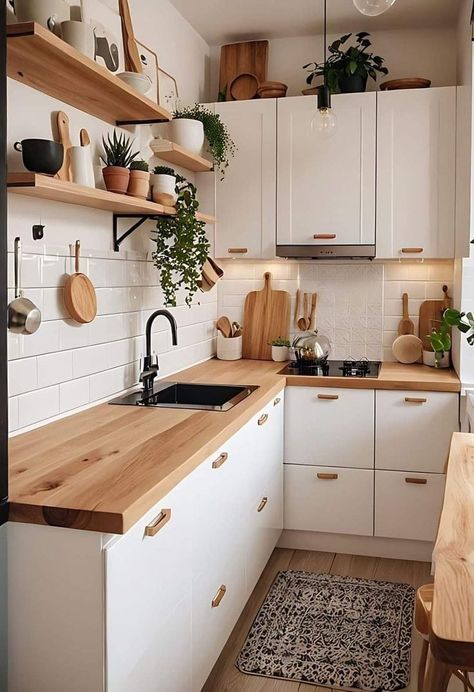 Clean Small Kitchen, Boho House Decor Kitchen, Boho Modern Kitchen Ideas, Small Kitchen Ideas Layout One Wall, Cheap Kitchen Ideas, Small Boho Kitchen Ideas, Kitchen White And Wood, Very Small Kitchen Ideas, Small Scandinavian Kitchen