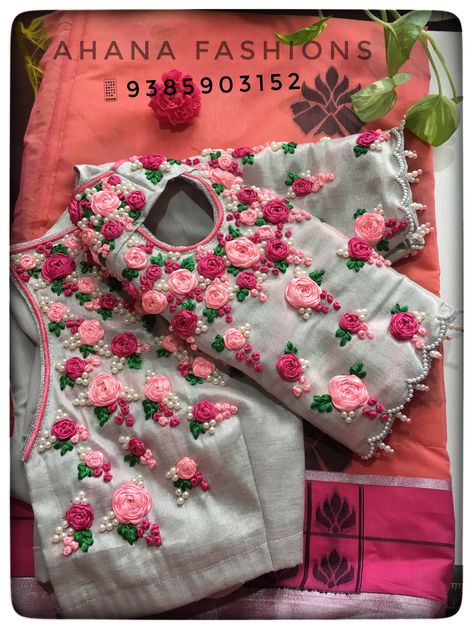 Ribbon Embroidery Blouse Designs, Ribbon Work Blouse Designs, Hand Thread Embroidered Blouse Designs, Thread Work For Blouse, New Trendy Blouse Patterns, Thread Maggam Work Blouses, Embroidered Blouse Designs Latest, Embroidery Blouse Designs Thread, Thread Embroidered Blouse Designs