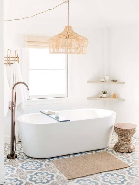 23 Best Rattan Furniture Ideas for Every Space in Your Home in 2020 Light Over Tub, Chandelier Over Tub, Gorgeous Bathroom Tile, Spa Bathroom Design, Beautiful Tile Bathroom, Latest Bathroom Designs, Bathroom Chandelier, Wicker Pendant Light, Bohemian Bathroom