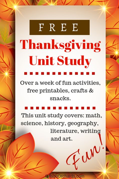 Gather your kids around for a FUN Thanksgiving Unit Study! You can spend the entire month of November, or cram it into a week, but I guarantee you'll enjoy it! As you learn the providential history of Thanksgiving, you'll also work on 'pumpkin pie math', 'cranberry science', read fantastic literature, and let's not forget all of the yummy treats! We'd love to have you join us! Unit Study Homeschool, Thanksgiving Unit Study, Homeschool Thanksgiving, History Of Thanksgiving, Homeschool Holidays, Thanksgiving History, Thanksgiving Lessons, Unit Studies Homeschool, Homeschool Encouragement