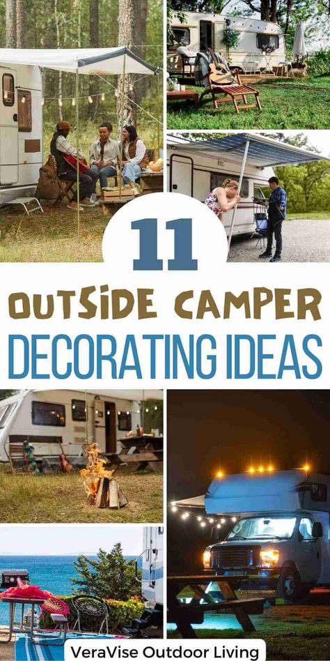 We are often so obsessed with organizing and perfecting the inside of our campers that we forget how much fun decorating the outside is too! This time we are giving the spotlight to some of the most clever and fun outside camper decorating ideas you wouldn’t want to miss. The post 11 Fun and Clever Outside Camper Decorating Ideas appeared first on VeraVise Outdoor Living. Camper Glow Up, Seasonal Rv Lot Landscaping, Camper Outdoor Decorating Ideas, Rv Outdoor Decorating Ideas, Rv Outside Decorating Ideas Patio, Camper Decoration Ideas, Outside Rv Decor Ideas, Outdoor Rv Decorating, Seasonal Camper Site Ideas