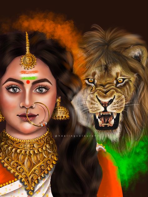 This painting i did to celebrate the completion of 75 years of Indian Independence. Our Mother India is, by nature, usually calm but at times can also be as fierce as a Lion. Here’s depicting a roaring lion from the recently unveiled Indian Emblem. Happy Independence Day my fellow Indians :) Proud to be an Indian! Indian Independence Day Painting, Bharath Matha, Navratri Painting, Independence Day Painting, Dance Art Drawing, Indian Emblem, Army Painting, Army Drawing, Independence Day Drawing