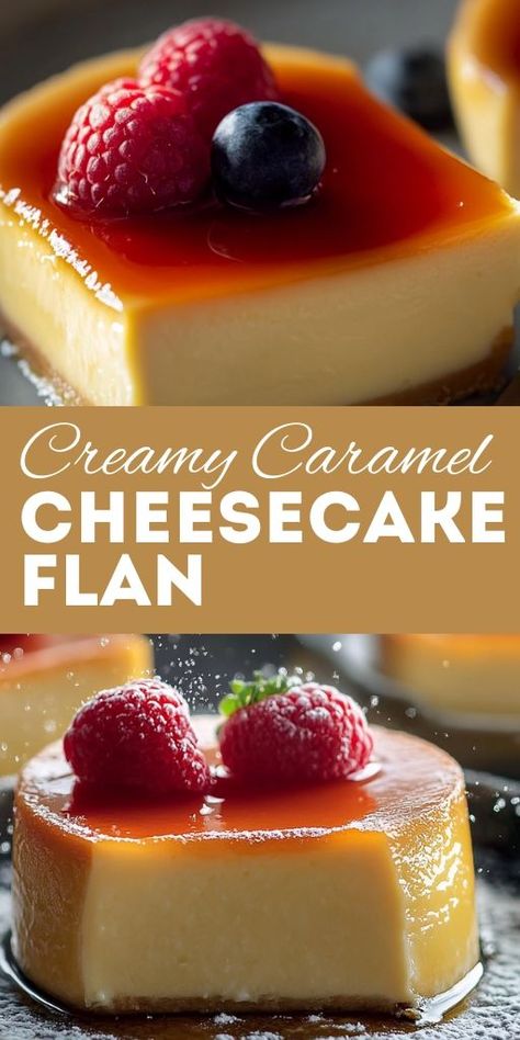 Indulge in this rich and decadent Creamy Caramel Cheesecake Flan! 🧁 This dessert combines the smoothness of cheesecake with the luscious texture of flan, all topped with a golden caramel glaze. Perfect for special occasions or when you crave something sweet. 🍮 Try this easy-to-make recipe and impress your family and friends with a dessert that’s sure to satisfy every sweet tooth! 😍 👉 Save this Pin and try it today! #CaramelFlan #CheesecakeFlan #EasyDesserts #HomemadeDessert Cheesecake Flan, Flan Cheesecake, Caramel Flan, Caramel Glaze, Flan Recipe, Creamy Caramel, Caramel Cheesecake, Impressive Recipes, Cheesecake Recipe