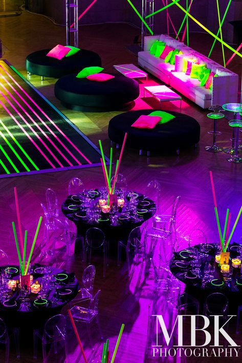 Neon Mitzvah | Revolution Event Design and Production : Revolution Event Design and Production Round Daybed, Neon Lights Party, Neon Tape, Neon Party Decorations, Glow In Dark Party, Neon Birthday Party, Mitzvah Themes, Glow Birthday Party, Bat Mitzvah Party