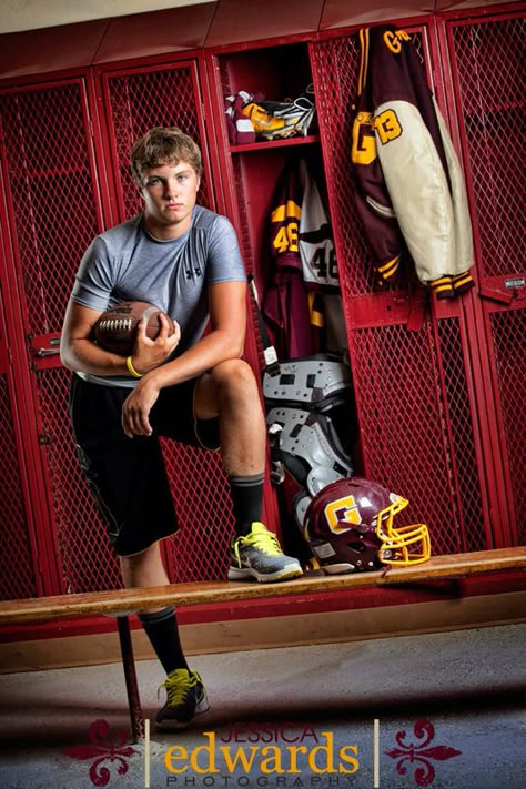 Senior picture http://www.jessicaedwardsphotography.net Football Locker Room, Football Senior Pictures, Basketball Senior Pictures, Senior Photos Boys, Football Poses, Senior Boy Photography, Senior Football, Senior Pictures Ideas, Male Senior Pictures