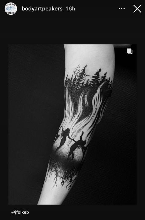 Joseph Tomanek, Witches Dancing, Wood Tattoo, Dance Tattoo, Full Arm Tattoos, Witch Tattoo, Fire Tattoo, Creepy Tattoos, Spooky Tattoos