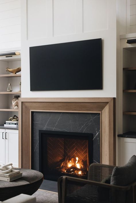 Fireplace Ideas Wood Mantle, Wooden Fireplace Surround, Wood Fireplace Surrounds, Fireplace Update, Marble Fireplace Surround, Scott Living, Black Fireplace, Fireplace Built Ins, Boutique Interior Design