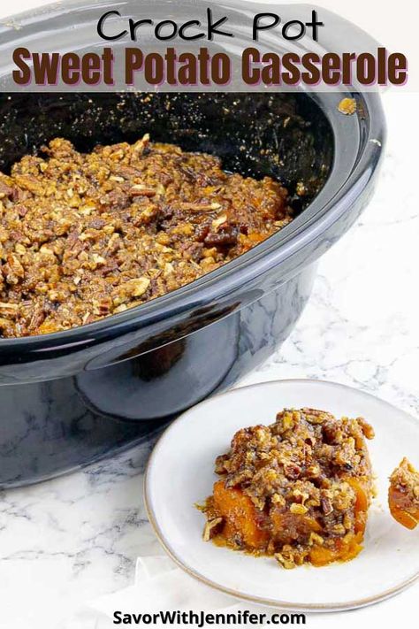 Forget the sticky marshmallows and instead, try this incredibly easy Slow Cooker Sweet Potato Casserole that combines tender cubes of sweet potatoes in a maple syrup infused, light caramel sauce all topped with a toasty, pecan crumble crust. The best part? The Crock Pot does almost ALL the work! #savorwithjennifer #sweetpotatocasserole #holidayside #sidedish via @Savor With Jennifer Crockpot Sweet Potato Casserole, Slow Cooker Sweet Potato Casserole, Sweet Potato Casserole Crock Pot, Potato Recipes Crockpot, Crock Pot Sweet Potatoes, Sweet Potato Toppings, Maple Sweet Potatoes, Pecan Crumble, Raw Sweet Potato