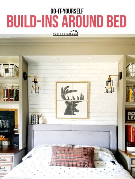 grey and white desks turned into built-ins with industrial decor - lighting and baskets Diy Built Ins Around Bed, Bed Frame With Built In Night Stand, Built In Shelves Headboard, Bed Frame Built In Side Table, Diy Bedroom Built Ins, Builtin Bookshelf Headboard, Bedroom Built Ins Around Window, Built Ins Around Bed, Bed Flanked By Bookcases