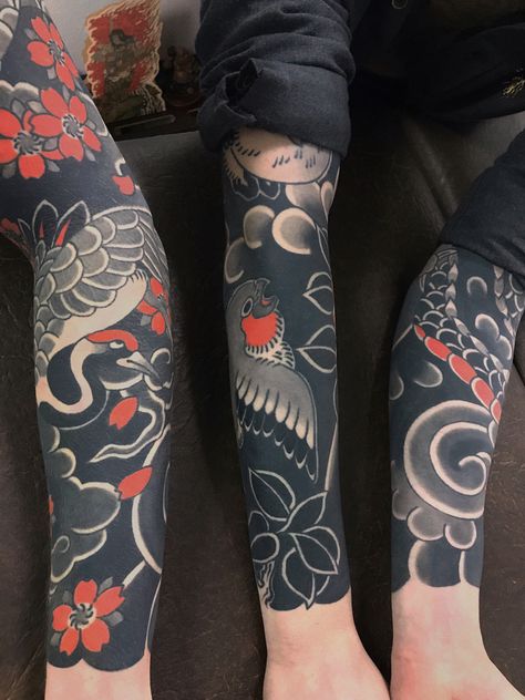 Instagram @shwedtattooer #sleevetattooideas #japaneseink #japanesetattooart #wabori #horimono Japanese Sleeves, Sarah Tattoo, Birds With Flowers, Black Sleeve Tattoo, Koi Tattoo Sleeve, Band Tattoo Designs, Dragon Sleeve Tattoos, Japan Tattoo Design, Forearm Sleeve Tattoos