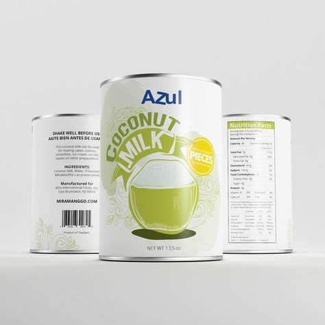 Azul Coconut Milk Design (13.5 oz can label) Product packaging contest design#product#packaging#winning Coconut Milk Packaging Design, Milk Label, Milk Packaging Design, Milk Design, Milk Packaging, Modern Brochures, San Pellegrino, Milk Cans, Custom Packaging