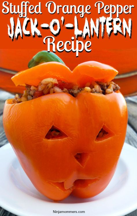 Stuffed Orange Pepper Jack O Lantern Halloween Stuffed Peppers, Gluten Free Halloween, Healthy Halloween Food, Free At Last, Fun Dinner, Orange Peppers, Stuffed Pepper, Halloween Appetizers, Dairy Free Cheese