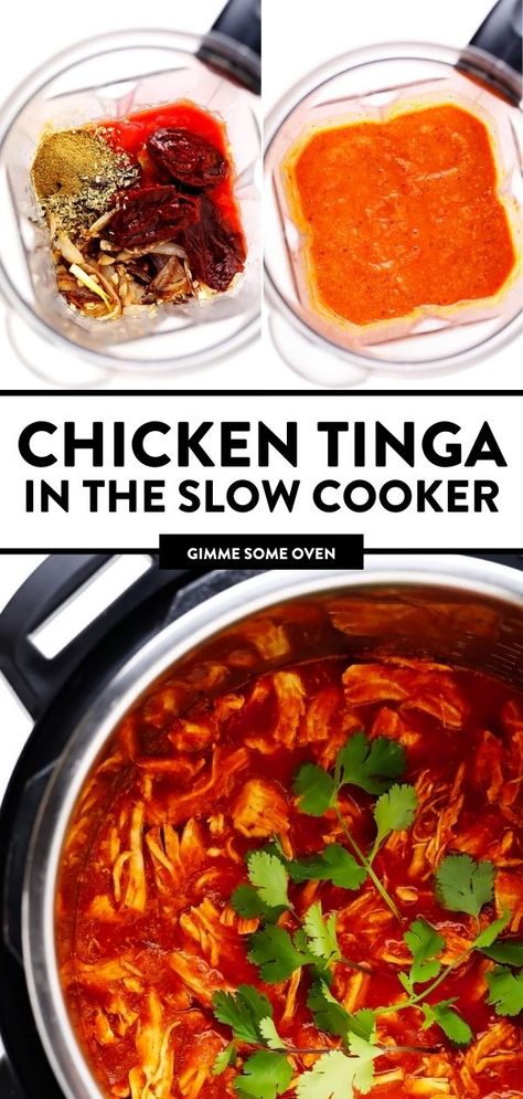 If you're looking for an amazing chicken tinga recipe, this one is perfect to make in the slow cooker. Just combine your ingredients in a large crockpot and cook on high for 1-2 hours or on low for 3-4 hours, until the chicken shreds easily with a fork. This smoky shredded chicken can be used to make tostadas, tacos, burritos, quesadillas, enchiladas, nachos, taquitos, salads and more! Chicken Tinga Taquitos, Chicken Tinga Crockpot Slow Cooker, Chicken Tinga Tacos Crockpot, Chicken Tinga Slow Cooker, Crockpot Chicken Tinga Recipe, Slow Cooker Tinga Chicken, Tinga Crockpot Recipe, Chicken Tinga Quesadilla, Chicken Tinga Recipe Crock Pots