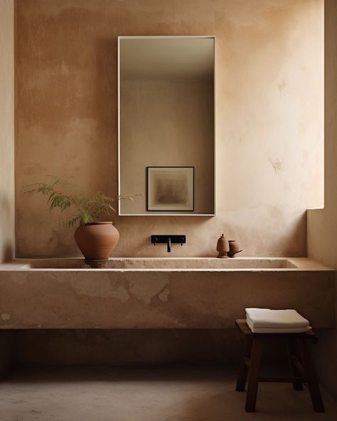 Earthy Terracotta Bathroom, Organic Minimalist Bathroom, Roman Clay Bathroom, Earthy Tone Bathroom, Bathroom Earth Tones, Moody Modern Bathroom, Earthy Bathrooms, Limewash Bathroom, Bathroom Limestone