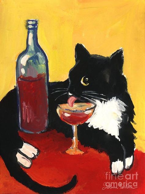 Morning Cat, Arte Grunge, Wine And Canvas, Wine Painting, Cat Drinking, Wine Art, Tuxedo Cat, Arte Inspo, Art Inspiration Painting