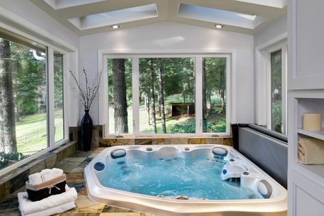 To create an outdoor feel we used as many windows and skylights as the building code would allow Bathroom Hot Tub, Jacuzzi Bathroom, Jacuzzi Room, Indoor Jacuzzi, Home Spa Room, Indoor Hot Tub, Hot Tub Room, Deck Remodel, Tub Enclosures