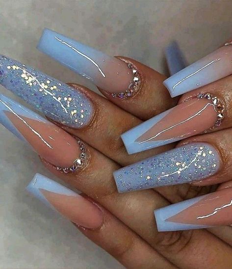 Black And Baby Blue Nails, Medium Length Coffin Nail Ideas, Baby Blue Nails With Glitter, Medium Length Nail Ideas, Nails January, Coffin Design, Glitter Tips, Long Acrylic Nail Designs, Red French