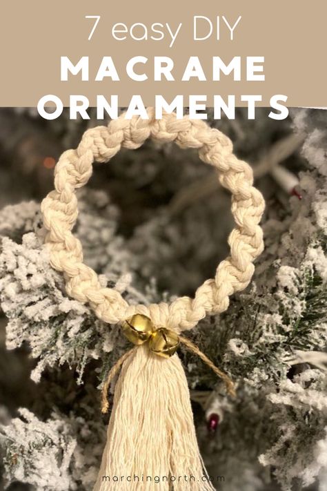 A macrame Christmas ornament hanging on a tree. Beginner Macrame Christmas Ornaments, Macrame Patterns Christmas, Easy Macrame Gnomes, Macrame Christmas Diy Tutorial, Diy Macrame Christmas Decorations, Diy Macrame Ornaments Christmas, Macrema Christmas Ornaments Diy, Christmas Ornament Macrame, Easy Macrame Ornaments Diy