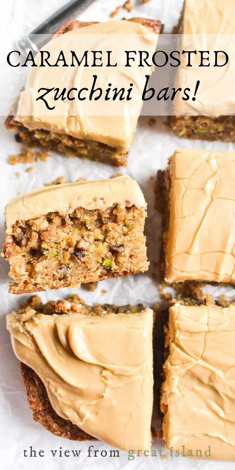 These zucchini bars with caramel frosting are the richest and most decadent in my arsenal of zucchini desserts ~ the cake is uber moist and the frosting is dense and delicious, almost like a caramel fudge! #zucchini #caramel #blondies #cake #dessert Bars With Caramel, Zucchini Dessert, Caramel Blondies, Zucchini Desserts, Zucchini Bars, Zucchini Recipes Dessert, Pecan Bars, Caramel Fudge, Caramel Frosting