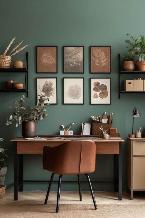 Green Office Space Design, Green Home Office Inspiration, Office Decor Earth Tones, Study Room Decor Green, Muted Green Office, Home Office Painting Ideas, Olive Green Office Walls, Home Office Decor Green, Moody Boho Home Office