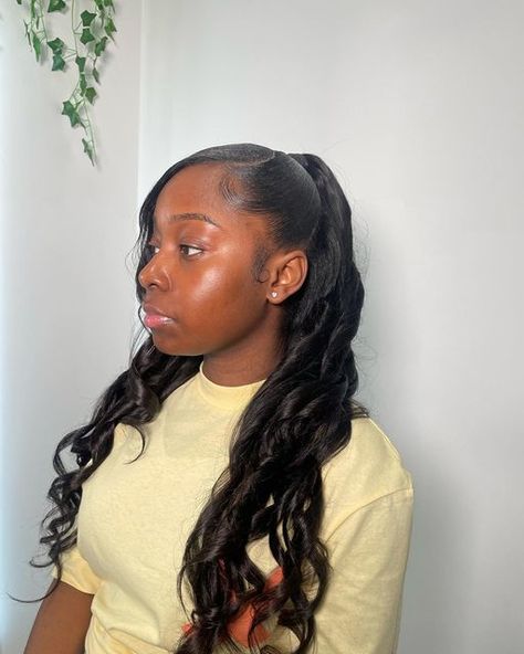 ALLURE HOUSE UK on Instagram: "Half up half down with Bangs 😍 #ponytails #halfuphaldownhairstyle #beauty #hairstyles #eastlondonhairstylist #curls #halfuphalfdown" Half Uo Half Down Black Women, Low Half Up Half Down With Bang, Half Up Half Down With Curls, Half Up Half Down Side Bang, Half Up Half Down With Side Bang, Side Part Half Up Half Down Hair, Half Up Half Down With Bangs, Curled Bangs, Mommy Hairstyles