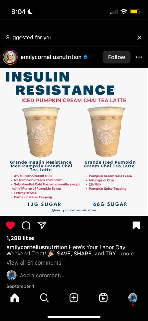 Starbucks Insulin Resistance, Insulin Resistance Starbucks, Insulin Resistance Starbucks Drinks, Fall Coffee Recipes, Starbucks Tea, Pumpkin Syrup, Healthy Starbucks Drinks, Better Food Choices, Pumpkin Tea