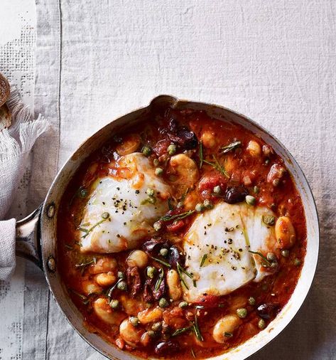 Puttanesca baked cod recipe | Sainsbury`s Magazine Veggie Mains, Baked Cod Recipes, Cod Recipe, Cod Recipes, Shellfish Recipes, The Mediterranean Diet, Anchovies, Fish Dishes, Seafood Dishes