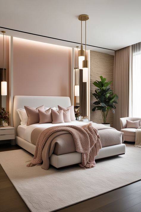 Create a serene and stylish bedroom with a modern design featuring a soft neutral color palette of rose, white, and light sand. Incorporate plush upholstered headboards, layered bedding with textured throws, and minimalist furniture. Home bedroom refresh ideas. #ModernBedroom #BedroomInspo #SoftNeutralPalette #HomeDesign #CozyNook #InteriorDecor #BedroomIdeas #HomeStyling #StorageSolutions #BedroomMakeover #CozySpace #StylishBedroom #InteriorInspiration #ElegantDesign #HomeBedroomRefresh Bedroom For Women In 30s, Sophisticated Pink Bedroom, Minimalist Bedroom With Pops Of Color, Nude Bedroom Aesthetic, Sophisticated Bedroom Women, Modern Feminine Bedroom, Beige And White Bedroom Ideas, Model Bedroom, Layered Bedding