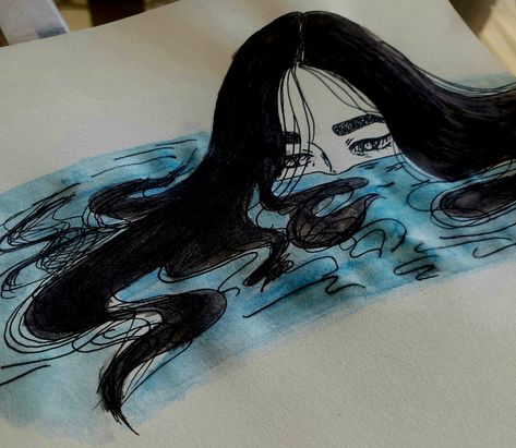 Girl In Water Drawing, Girl Under Water, Screaming Drawing, Girls In Shower, River Drawing, Drawings Inspo, Ocean Drawing, Girl In Water, Water Drawing