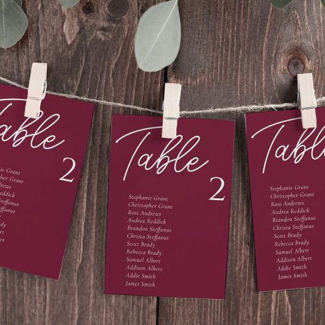 Burgundy Wedding Table Seating Chart Cards for $2.92 - Wedding Cards Burgundy Wedding Theme Table Settings, Seat Chart Wedding Ideas, Maroon Wedding Decor, Wedding Table Decorations Burgundy, Table Chart Wedding, Burgundy Wedding Reception, Burgundy Wedding Table, Burgundy Wedding Decor, Hanging Seating Chart