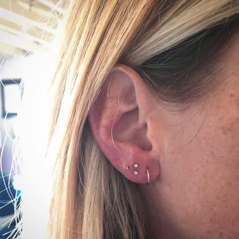 If you got your first ear piercing in a mall, you will LOVE this fix. First Ear Piercing, Vertical Piercing, Body Electric Tattoo, Double Forward Helix Piercing, Keith Thompson, Triple Lobe Piercing, Brian Keith, Types Of Ear Piercings, Ear Lobe Piercings