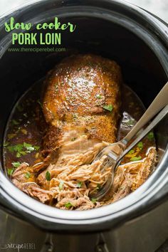 This easy Slow Cooker Pork Loin recipe includes a flavorful garlic herb rub and is slow cooker in apple juice for extra flavor! Fall apart tender! #slowcooker #slowcookerrecipes #crockpot #crockpotrecipes #pork #recipe #recipeoftheday #dinnerrecipes Pork Roast Slow Cooker, Slow Cooker Pork Loin Roast, Roast In Slow Cooker, Pork Loin Recipes Slow Cooker, Cooking Pork Loin, Roast Slow Cooker, Pork Loin Crock Pot Recipes, Slow Cooker Pork Loin, Crockpot Pork Loin