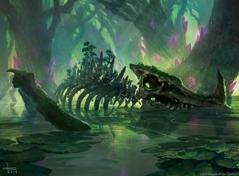 Mtg Swamp Art, Dnd Town Art, Dnd Swamp, Swamp Illustration, Swamp Art, Mtg Art, Location Inspiration, Fantasy Places, Fantasy Art Landscapes