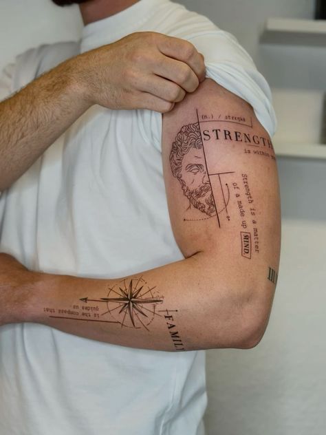 Fine Line Male Tattoo, Minimal Sleeve Tattoo, Minimalist Tattoo Sleeve Men, Discipline Tattoo Ideas, Powerful Tattoos Men, Men's Tattoo Ideas Arm, Tatuaje Ekg, Men Tattoo Ideas Sleeve, Mens Patchwork Tattoo Sleeve