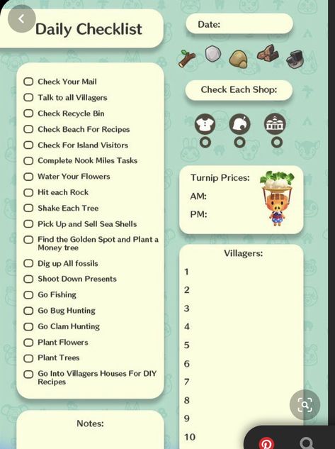 Animal Crossing Checklist, Acnh Daily Checklist, Animal Crossing Daily Checklist, Acnh Checklist, 111 Drawing, Acnh Tips, Ac Ideas, Animals Crossing, Daily Checklist