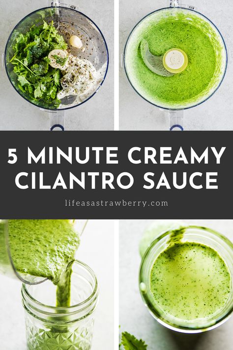 Cilantro Yogurt Sauce - This easy cilantro yogurt dressing is ready in just five minutes with some fresh cilantro, Greek yogurt, garlic, and lemon juice! Put everything in a food processor, blend until smooth, and use all week long on salads, tacos, salmon, steak, and more! This sauce is bright, colorful, and refreshing - perfect for summer! Vegetarian. Cilantro Greek Yogurt Sauce, Cilantro Dressing For Tacos, Yogurt Cilantro Dressing, Greek Yogurt Steak Sauce, Cilantro Yogurt Sauce, Greek Yogurt Sauce Recipes, Cilantro Sauce Recipe, Ninja Appliances, Creamy Cilantro Sauce