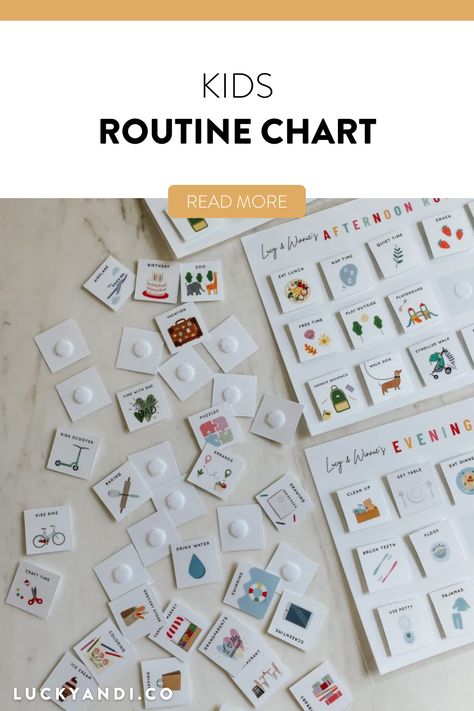 My 4-year-old is always asking “what are we doing?” and wants to know the plan for the day. I wanted to find a visual way to help her understand what we’re up to and found this routine chart on Etsy! I purchased and downloaded the digital files, customized it with my kids’ names, and then had everything laminated. I cut the routine cards and used Velcro to attach them to the morning, afternoon, and evening charts. Kids Routine Chart | Toddlers Gift Ideas | Lucky Andi Velcro Routine Chart, Toddler Routine Chart Visual Schedules, Toddler Chart Routine, Diy Routine Chart For Toddlers, Toddler Visual Schedule At Home, Diy Daily Routine Chart For Kids, Routine Board For Kids, Visual Routine Chart For Kids, Kids Routine Chart Printable Free